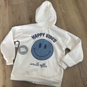 No Comment Happy Vibes Girl's Full Zip Hoodie XL(16) Ivory Smile NWT